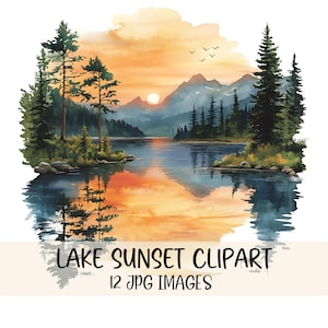 Lake zonsondergang clipartbundel JPG-afbeeldingen bergmeer clipart aquarel meer landschap clipart ontwerpen bos meer graphics Lake scène beelden
