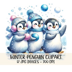 Paquete de imágenes prediseñadas de pingüinos de invierno, imágenes JPG, imágenes prediseñadas de pingüinos de Navidad, imágenes prediseñadas de pingüinos lindos, arte de pingüinos en acuarela, descarga digital navideña