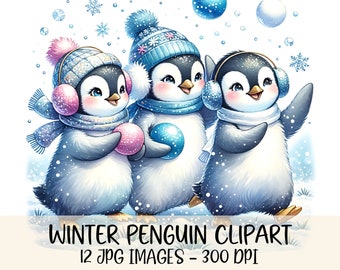 Paquete de imágenes prediseñadas de pingüinos de invierno, imágenes JPG, imágenes prediseñadas de pingüinos navideños, imágenes prediseñadas de pingüinos lindos, arte de pingüinos en acuarela, descarga digital navideña