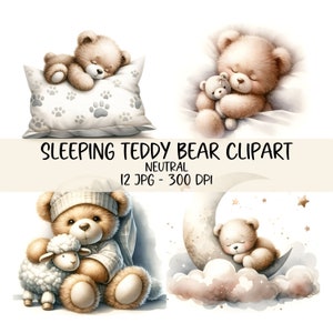 Pacchetto di clipart di acquerello di orsacchiotto carino Orsacchiotto addormentato Clipart di orsacchiotto neutro PNG Baby Shower Nursery Art Immagine digitale Orsetto