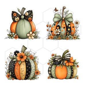 May include: Four decorative pumpkins featuring varied patterns including polka dots, stripes, and floral motifs. Each pumpkin is adorned with bows and clusters of orange, green, and white flowers, showcasing a color palette of black, orange, and sage green.