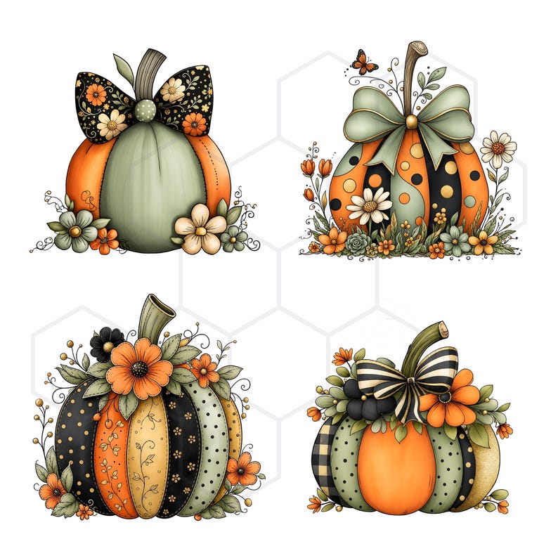 May include: Four decorative pumpkins featuring varied patterns including polka dots, stripes, and floral motifs. Each pumpkin is adorned with bows and clusters of orange, green, and white flowers, showcasing a color palette of black, orange, and sage green.