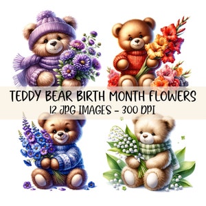 Naissance mois fleur Clipart ours en peluche Clipart naissance fleur Clipart Floral Illustration JPG Ours en peluche aquarelle imprimable