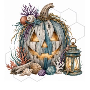 May include: A blue-toned, weathered wooden jack-o'-lantern with a glowing interior, decorated with purple and white coral, various seashells, a starfish, and driftwood. A matching blue metal lantern with a lit candle sits to the right.