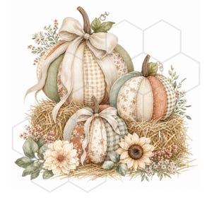 May include: A watercolour illustration featuring three decorative pumpkins with fabric patchwork designs, bows, and stems, set on a bed of hay. The pumpkins are surrounded by flowers and greenery, creating a harvest theme.