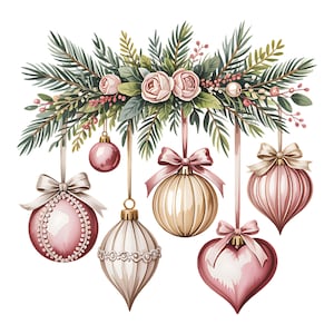 Op de afbeelding: Waterverfillustratie van kerstversieringen en bloemstukken. Het ontwerp toont roze en gouden kerstballen in verschillende vormen, waaronder rond en hartvormig, hangend aan een slinger van groen, rozen en bessen. De ornamenten zijn versierd met strikken.