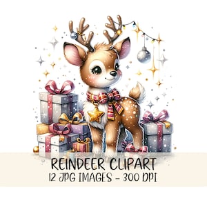 Bundle de cliparts renne mignon Images JPG Renne de Noël Illustration aquarelle en téléchargement numérique Graphiques de Noël Art imprimable des fêtes