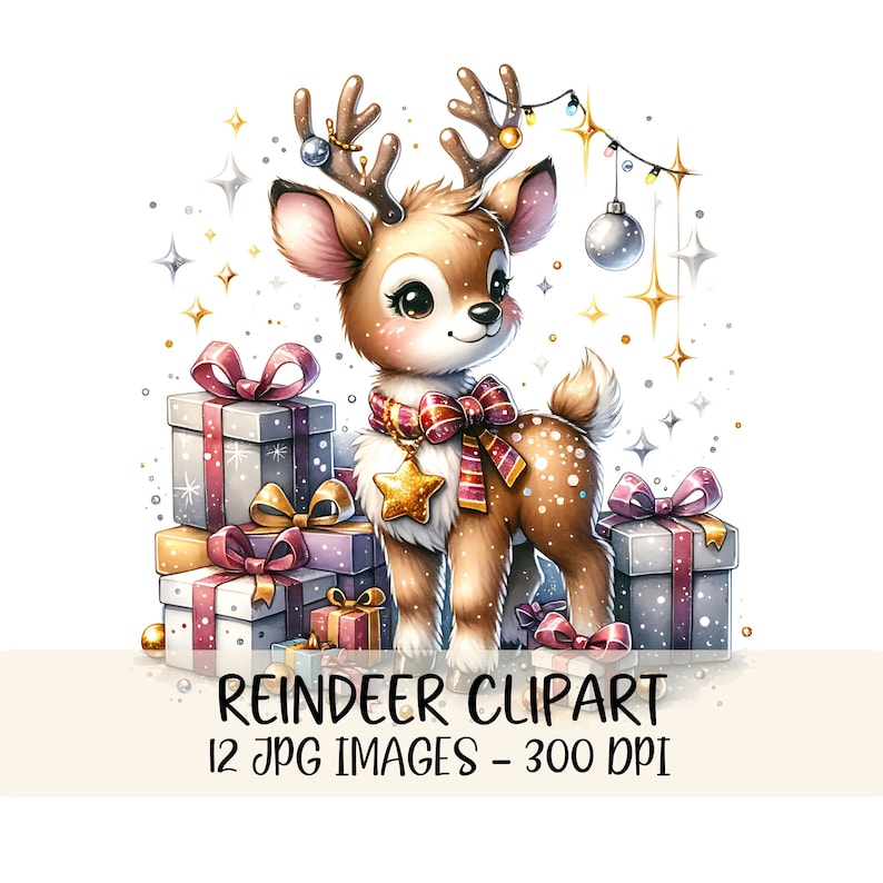 Puede incluir: Un adorable reno de dibujos animados con pelaje marr&oacute;n y ojos grandes se encuentra frente a una pila de regalos envueltos. El reno lleva una bufanda roja y blanca con un amuleto de estrella dorada. Los regalos est&aacute;n envueltos en papel plateado con cintas rosas y moradas. El fondo es blanco con purpurina dorada y plateada.