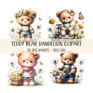 Paquete de imágenes prediseñadas de acuarela de oso de peluche, lindo oso clipart, imagen JPG, imágenes prediseñadas de diente de león, imagen digital, oso de peluche floral, arte infantil, scrapbooking