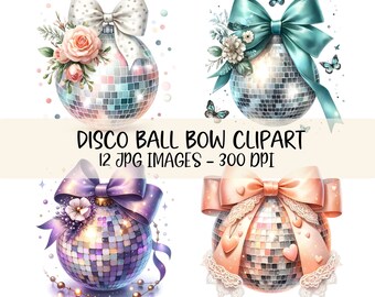 Disco Ball Clipart Bundle Watercolor Bow Trendy Disco Ball Printable JPG Images  Wall Art Party Decoration Clipart Junk Journal Ephemera