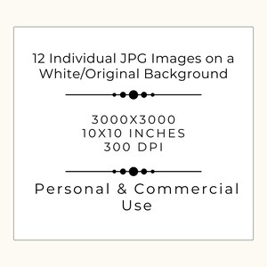 May include: Image on a white background with text: "12 Individual JPG Images on a White/Original Background." Includes image dimensions of 3000x3000 pixels, 25.4x25.4 cm, and 300 DPI. Text also states "Personal & Commercial Use."