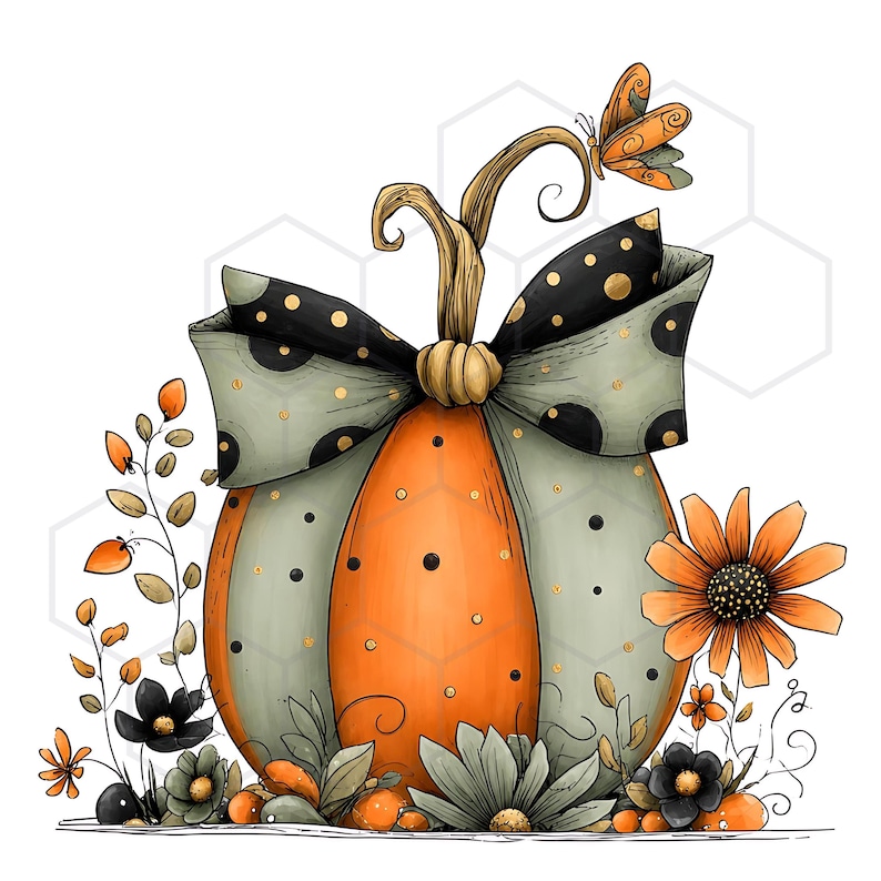 May include: A decorative pumpkin illustration featuring alternating orange and sage green segments with black polka dots. A large bow sits atop the pumpkin, accented by a small orange butterfly on the stem, surrounded by orange and black flowers.