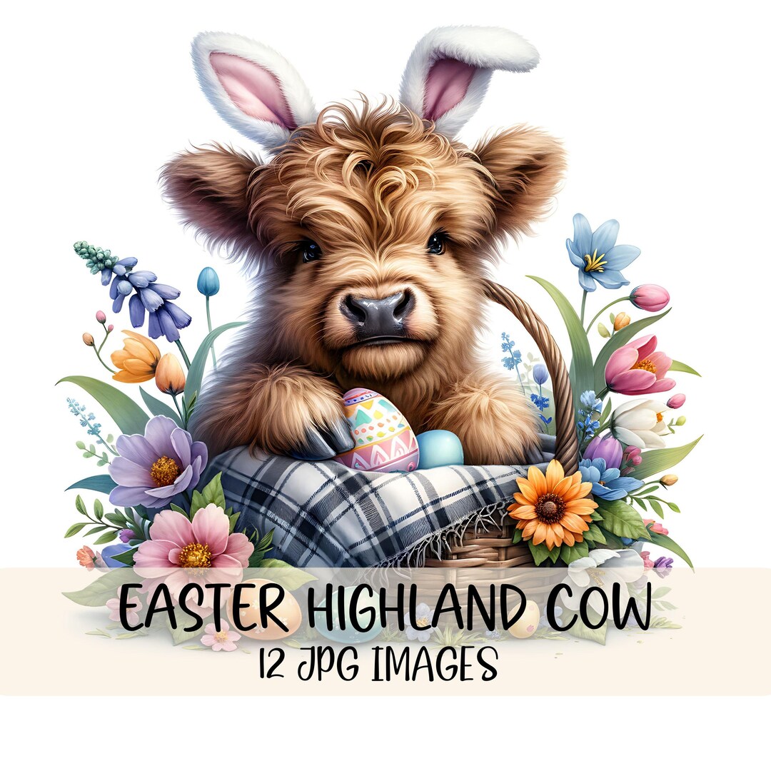 Easter Highland Cow Clipart Bundle Cute Highland Cow Design JPG Images ...