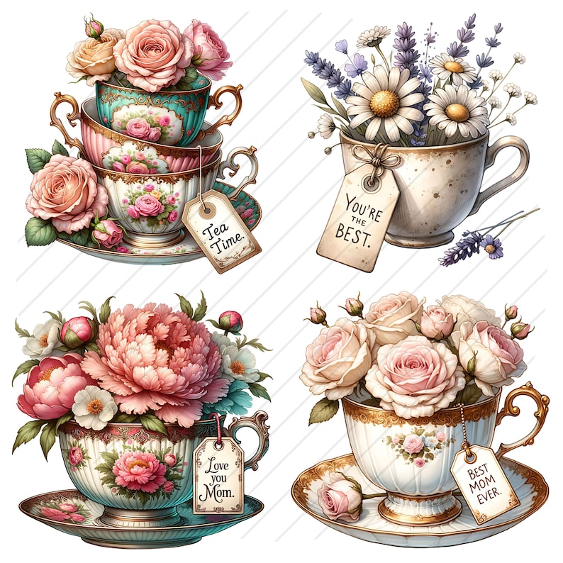 Puede incluir: Cuatro tazas de t&eacute; vintage con arreglos florales en su interior. Las tazas de t&eacute; est&aacute;n decoradas con bordes dorados y patrones florales. Cada taza de t&eacute; tiene una etiqueta con un mensaje diferente: "Tea Time", "You're the Best", "Love you Mom" y "Best Mom Ever".