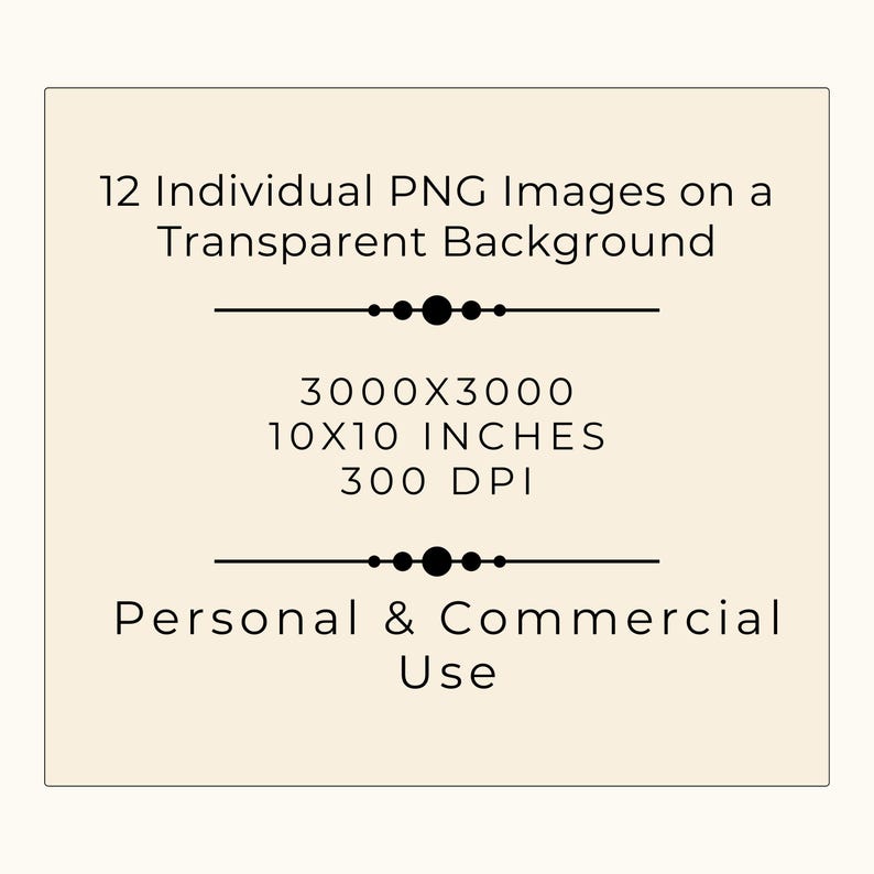 Puede incluir: Una lista de productos digitales para 12 im&aacute;genes PNG individuales sobre un fondo transparente. Las im&aacute;genes son de 3000 x 3000 p&iacute;xeles, 10 x 10 pulgadas y 300 DPI. La lista es para uso personal y comercial.