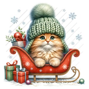May include: A cute orange tabby cat wearing a green knitted hat with a white pom-pom sits in a red sleigh with white snowflakes. The sleigh is decorated with gold trim and red and white snowflakes.