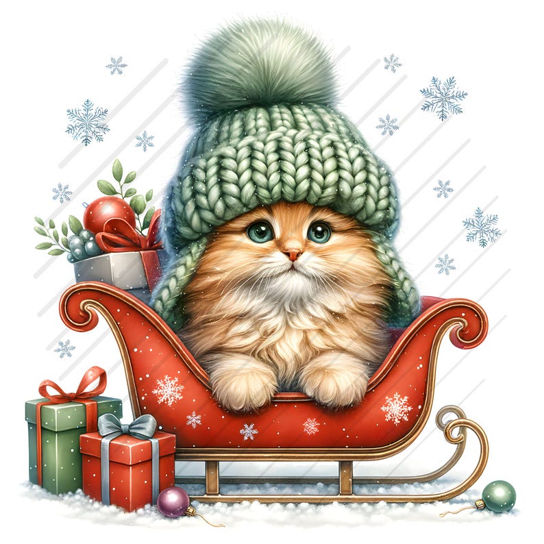 May include: A cute orange tabby cat wearing a green knitted hat with a white pom-pom sits in a red sleigh with white snowflakes. The sleigh is decorated with gold trim and red and white snowflakes.