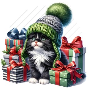 May include: A black and white kitten wearing a green and gray knitted hat with a fluffy pom-pom. The kitten is surrounded by wrapped presents with red and green ribbon.