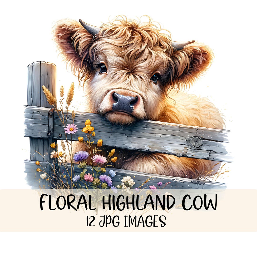Cute Highland Cow Clipart Bundle Floral Highland Cow Design JPG Images ...