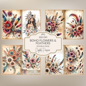 Boho Floral Junk Journal Kit Imprimible Boho Journal Páginas Boho Floral Ephemera Vintage Flores Plumas Digital Gypsy JunkJournal Paper