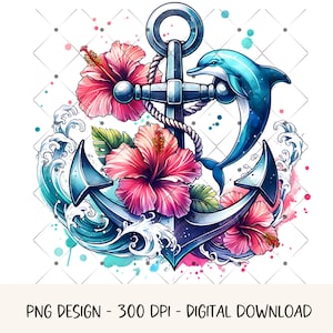 Ancla floral de acuarela PNG, ancla de acuarela, clipart, gráfico náutico, diseño de camiseta de pescador costero, delfín PNG, descarga digital, impresión