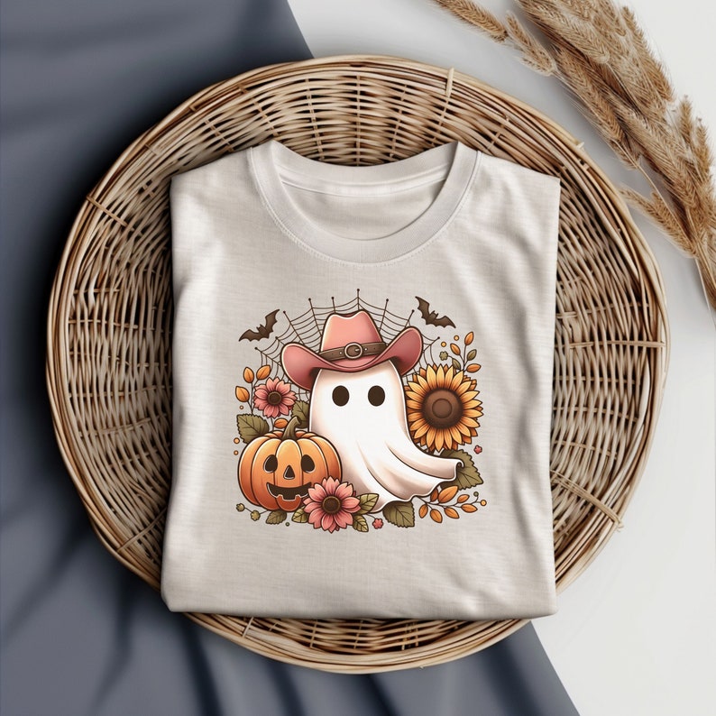May include: A white t-shirt featuring a charming cartoon ghost wearing a pink cowboy hat and holding a jack-o'-lantern. The ghost is surrounded by autumnal foliage, including sunflowers and leaves.
