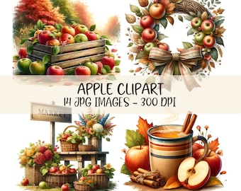 Imágenes prediseñadas de manzanas de otoño, ilustraciones de cosecha de otoño, imágenes JPG, decoración rústica de granja, gráficos de huerto de manzanas, arte imprimible de Acción de Gracias