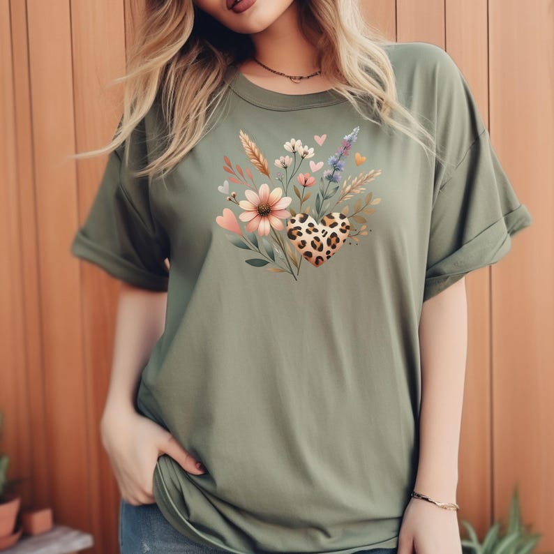 Blommig Cottagecore PNG Wildflower Design Akvarell Botanisk PNG Grafisk Leopardtryck Hjärta T-shirt Design Naturälskare Digital Nedladdning bild 10