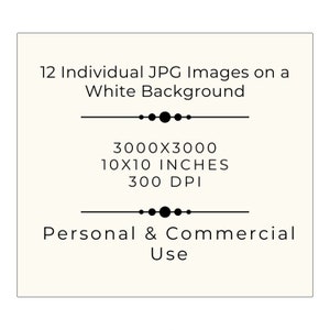 Puede incluir: 12 im&aacute;genes JPG individuales sobre un fondo blanco, 3000x3000 p&iacute;xeles, 10x10 pulgadas, 300 DPI. Uso personal y comercial.