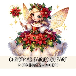 Kerstfee clipartbundel aquarel magische fee clipart JPG-afbeeldingen digitale download feestelijke fee illustratie schattige fee afdrukbare