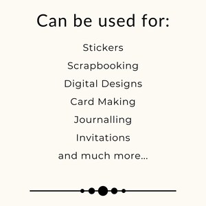 Puede incluir: Texto que dice "Se puede usar para:" seguido de una lista de usos para dise&ntilde;os digitales, que incluyen pegatinas, scrapbooking, dise&ntilde;os digitales, creaci&oacute;n de tarjetas, diarios, invitaciones y mucho m&aacute;s.
