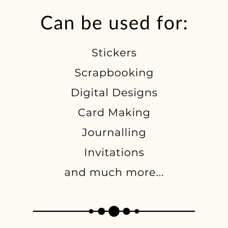 Puede incluir: Texto que dice "Se puede usar para:" seguido de una lista de usos para dise&ntilde;os digitales, que incluyen pegatinas, scrapbooking, dise&ntilde;os digitales, creaci&oacute;n de tarjetas, diarios, invitaciones y mucho m&aacute;s.