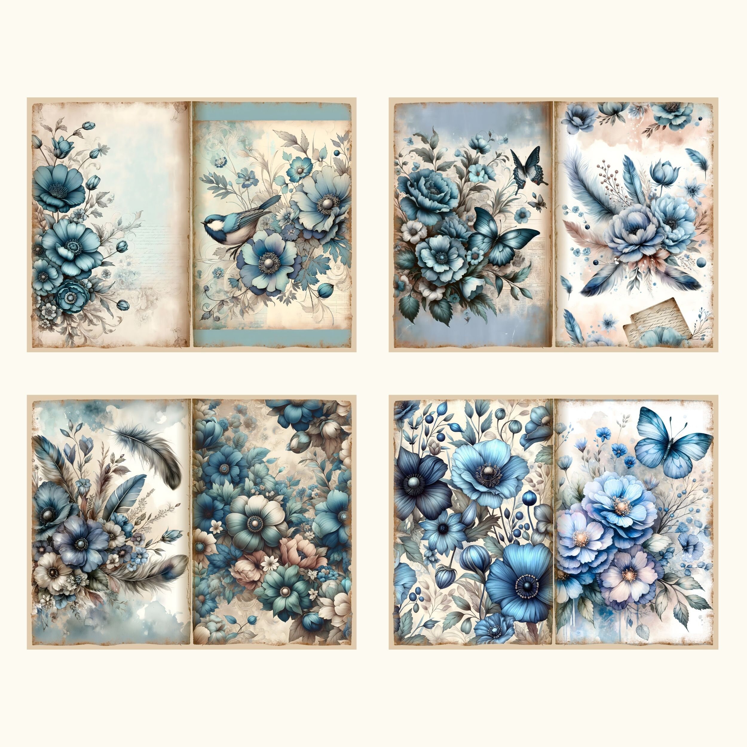 Floral Dusty Blue Junk Journal Kit Vintage Flowers Printable Paper Blue ...