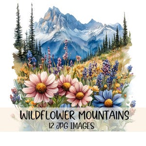 Bundle de cliparts aquarelle fleurs sauvages montagnes Clipart botanique floral haute qualité JPG Illustration de paysage amoureux de la nature impression