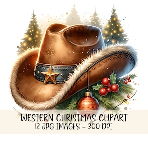 Pacote de clipart de Natal ocidental Botas de cowboy Imagens JPG Arte digital rústica de feriado Chapéus de cowboy Gráficos Decoração de Natal para impressão