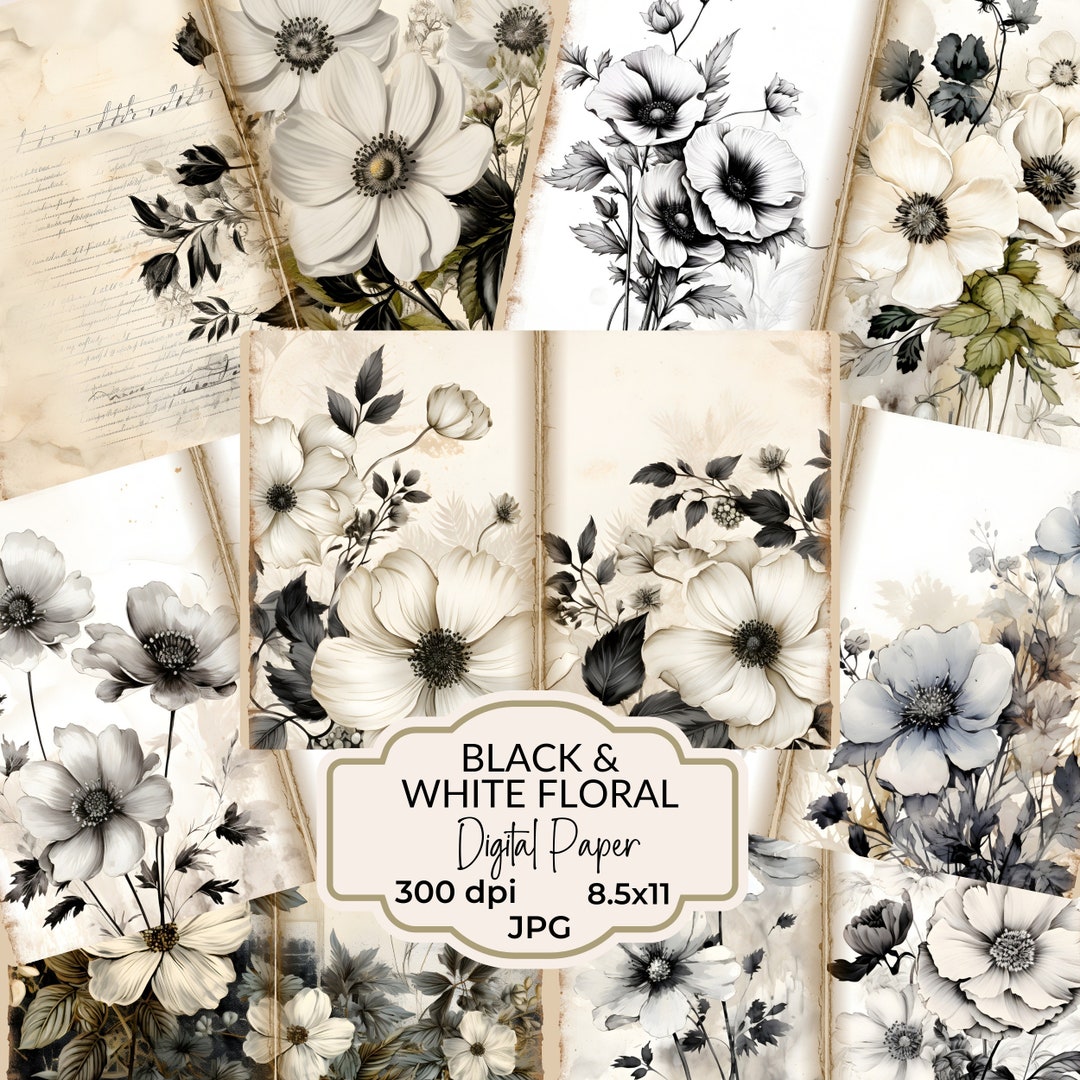 Watercolor Black and White Flowers Junk Journal Pages Shabby Chic ...