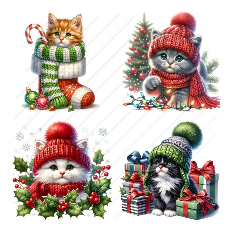 May include: Four adorable kittens wearing festive Christmas hats and scarves. The kittens are in different poses and settings, including a stocking, a Christmas tree, a holly bush, and a pile of presents.