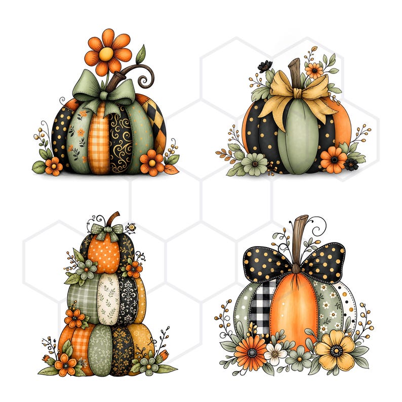 May include: A set of four decorative pumpkin illustrations featuring various patterns including plaid, polka dots, and floral motifs. Each pumpkin is adorned with bows, stems, and orange and green flowers, rendered in a detailed, artistic style.