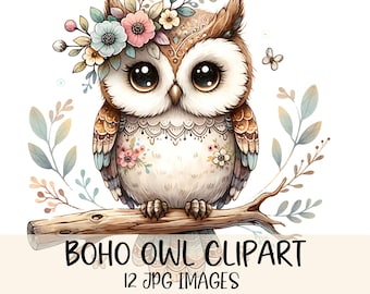 Floral Owl Clipart Bundle Watercolor Owl JPG Images Woodland Animal Clipart Boho Owl Nursery Art Whimsical Owl Illustration Design Printable