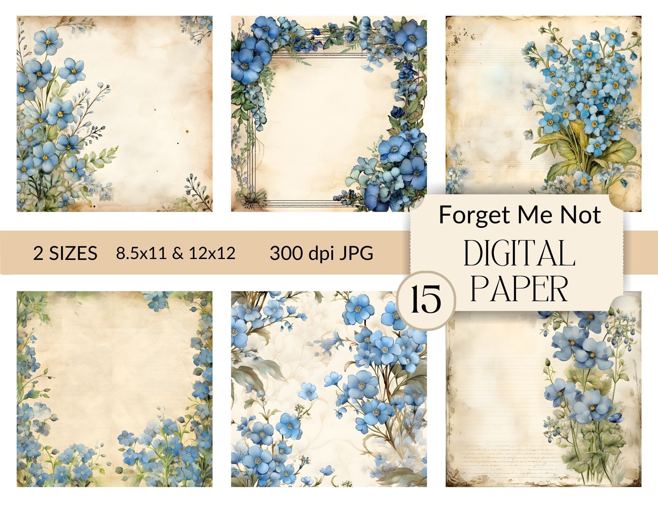 Dusty Blue Floral Scrapbook Paper Watercolor Forget Me Not Digital Junk ...