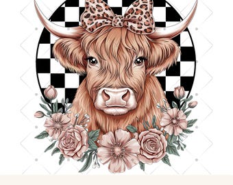 Coquette Highland Cow PNG Watercolor Floral Highlander Cow Design Country Chic Art PNG Graphic Shaggy Cow Clipart Rustic Farmhouse Decor