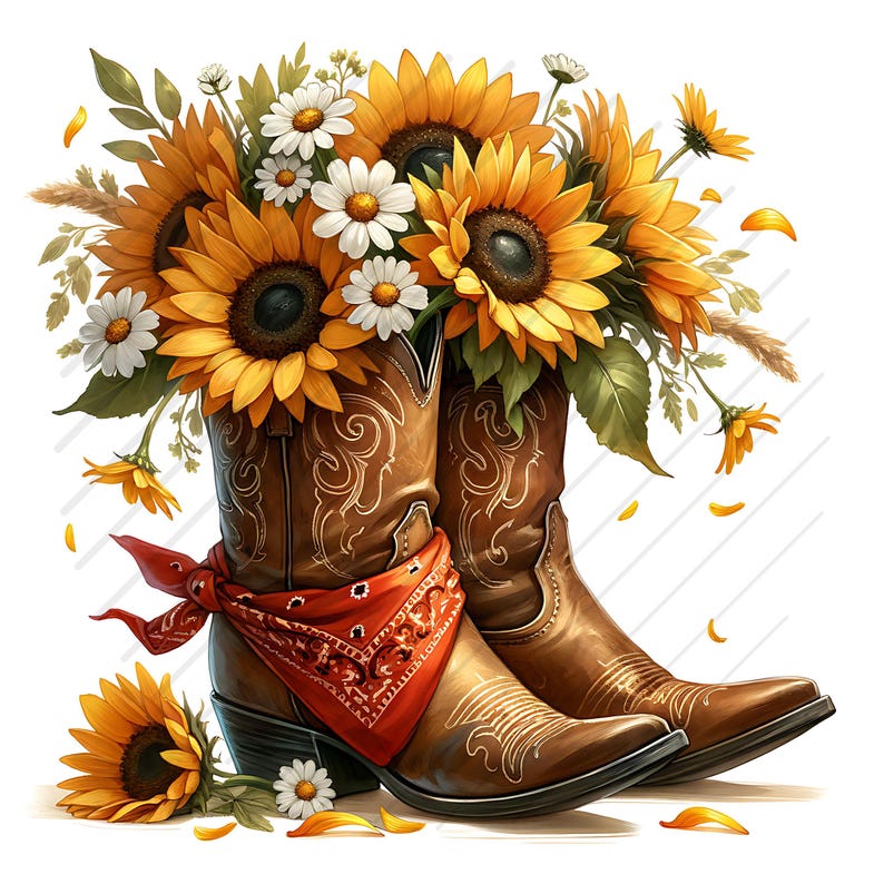 May include: A pair of brown cowboy boots filled with sunflowers and daisies. A red bandana is tied around the boots. Yellow sunflower petals and white daisies are scattered around the boots, creating a rustic, country-themed image.