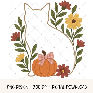 May include: A cat silhouette surrounded by fall foliage, including flowers and leaves, with an orange pumpkin and a plaid bow. The image has the text "PNG DESIGN - 300 DPI - DIGITAL DOWNLOAD".