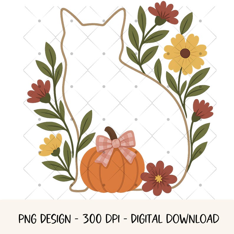 May include: A cat silhouette surrounded by fall foliage, including flowers and leaves, with an orange pumpkin and a plaid bow. The image has the text "PNG DESIGN - 300 DPI - DIGITAL DOWNLOAD".