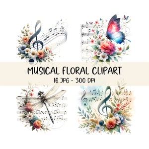Bundle de cliparts musicaux Notes de musique Clipart clé de sol Clipart JPG Images Notes de musique florales Téléchargement numérique Notation musicale Art aquarelle