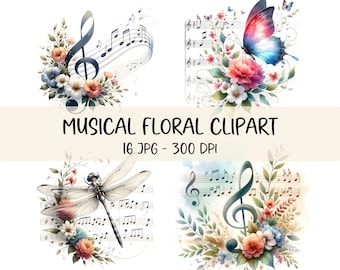 May include: A set of four digital clipart images featuring watercolor illustrations of flowers, musical notes, and a dragonfly. The images are perfect for adding a touch of whimsy and elegance to your digital projects.