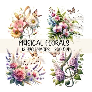 Paquete de imágenes prediseñadas musicales Imágenes prediseñadas de notas musicales Imágenes prediseñadas de clave de sol Imágenes JPG Notas musicales florales Descarga digital Notación musical Arte de acuarela