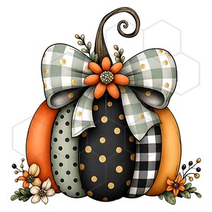 May include: A decorative pumpkin illustration featuring segments of solid orange, black with gold polka dots, sage green with black dots, and black and white buffalo check. A large sage green gingham bow with gold dots and an orange flower sit on top.
