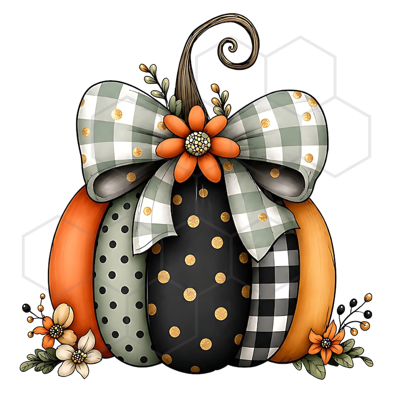 May include: A decorative pumpkin illustration featuring segments of solid orange, black with gold polka dots, sage green with black dots, and black and white buffalo check. A large sage green gingham bow with gold dots and an orange flower sit on top.