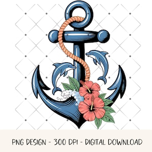 Ancla floral PNG, ancla de acuarela, clipart, gráfico náutico, diseño de camiseta de pescador costero, delfín PNG, descarga digital, arte imprimible